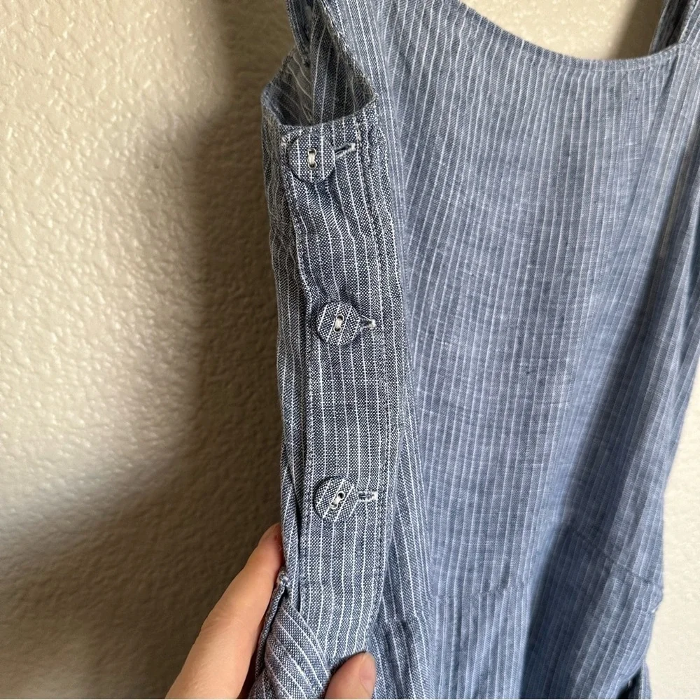 EVERLANE The Linen Side-button Blue White Straight Leg Jumpsuit Size 2